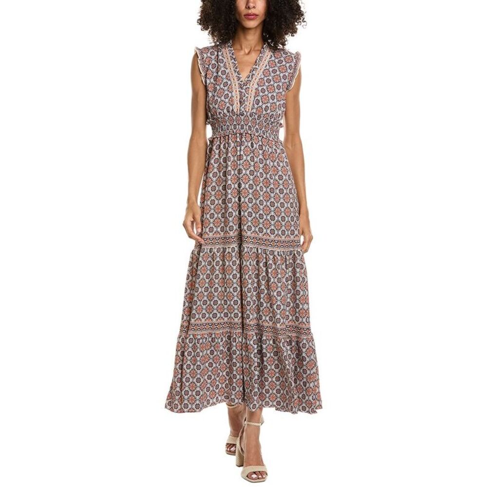 Max Studio Womens V-Neck Smocked Waist Tiered Maxi Dress, Blue
